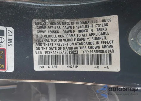 2010 Honda Civic Lx from USA, damaged, VIN 19XFA1F53AE012023